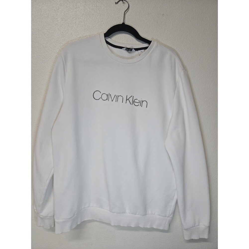 Calvin Klein White Cotton-Blend Spellout Logo Crewneck Sweatshirt – Size L